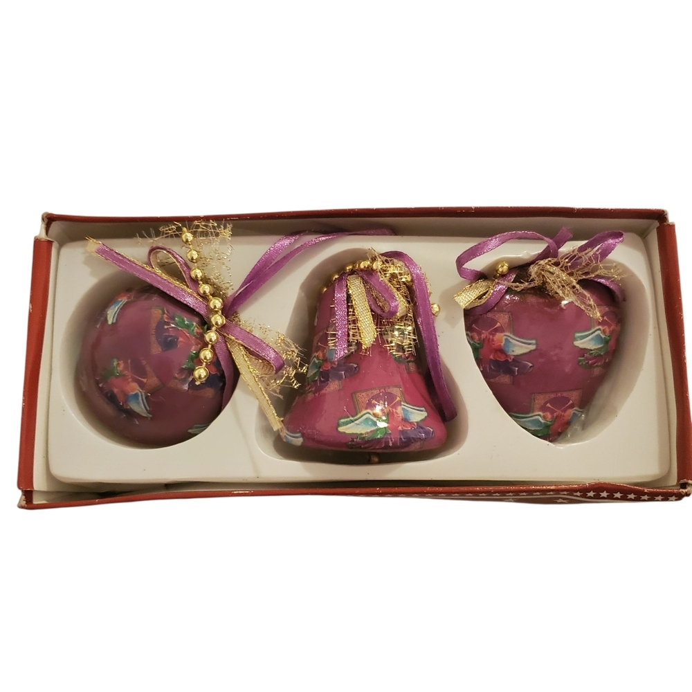Vintage Purple decoupage Christmas Ornaments New In Box